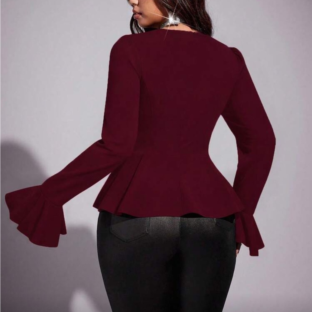 Elegant Long Sleeve Flare Peplum Top Blouse Shirt Green - Picture 13 of 16